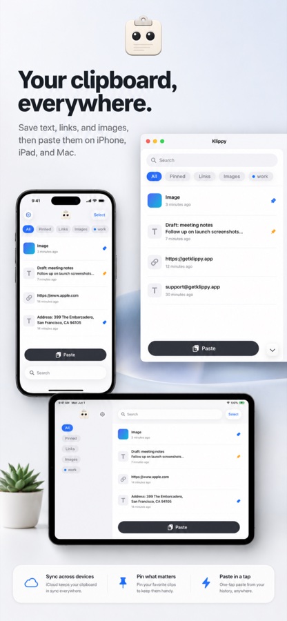 Klippy iPhone preview showing saved text, links, and images