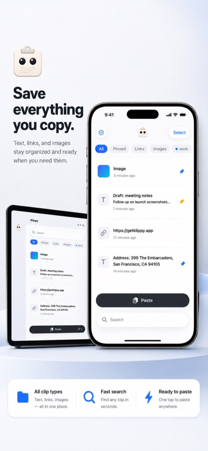 Klippy iPhone preview showing search and saved clips