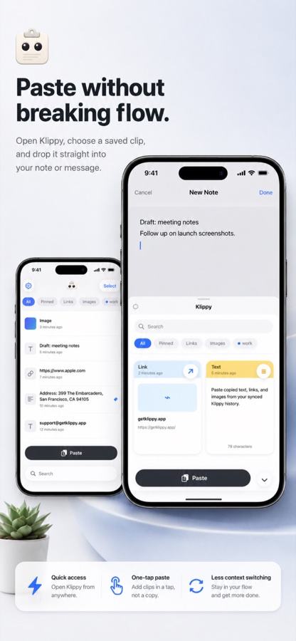 Klippy iPhone preview showing paste flow