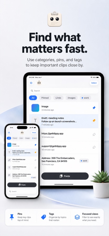 Klippy iPhone preview showing sync and privacy controls