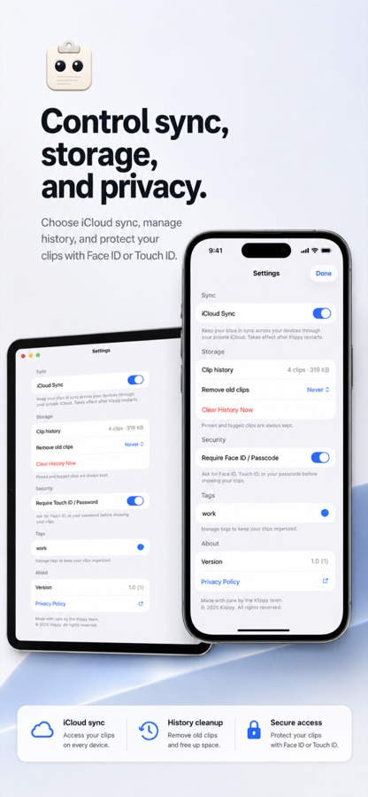Klippy iPhone preview showing clipboard across Apple devices